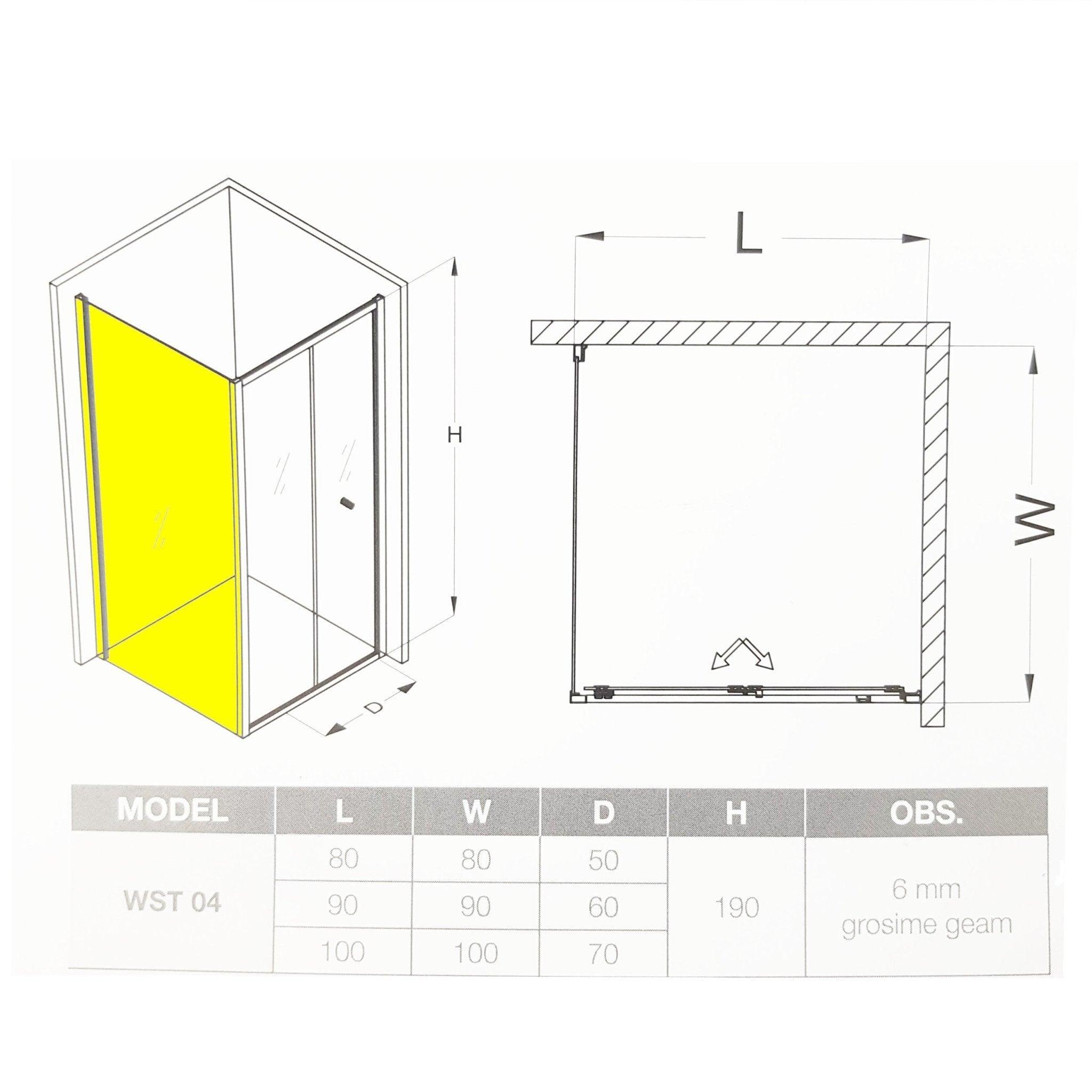 Cabină de duș dreptunghiulară WST 04, walk in , sticlă transparentă, 8MM - Kabine.ro -