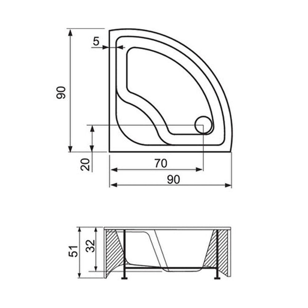 Cădiță de duș semirotundă 90 x 90 x 48 Deea - Kabine.ro - Cadite pentru dus