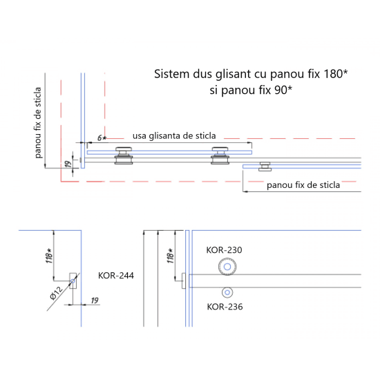 Conector țeavă-panou fix sticla (8-10mm) KOR-244 GMG, gri metalizat - Kabine.ro - Accesorii