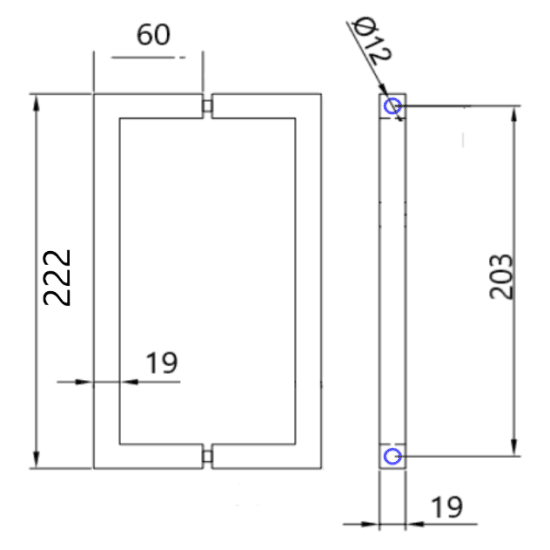 Mâner vertical rectangular bilateral KOR-628-203 (h-222mm, int-203mm; 19 x 19mm), satinat - Kabine.ro -